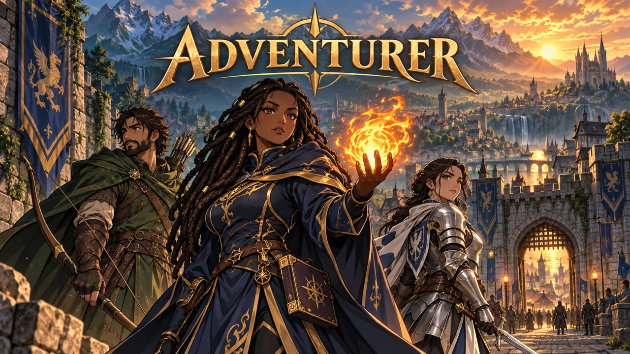 Adventurer: a mage, ranger and warrior outside a fantasy city